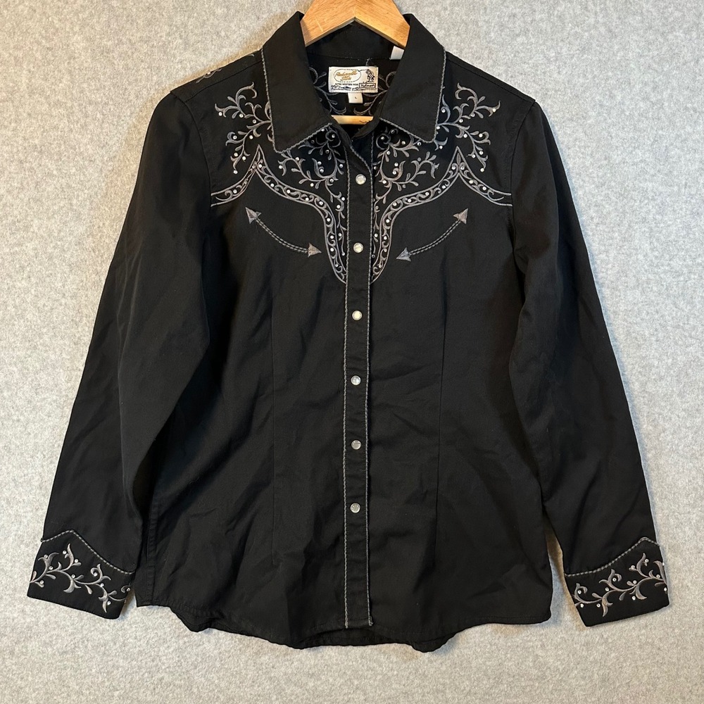 Panhandle Slim Western Shirt Womens Large Black Embroidered Rhinestone Retro L